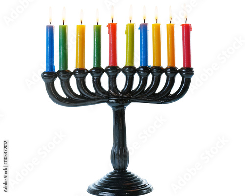 a black candlestick with multi colored candles photo