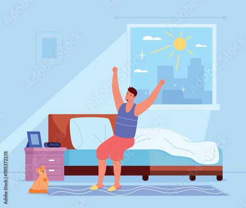 Man wake up. Morning routine. Happy person in bedroom