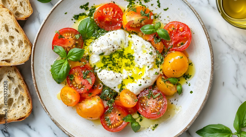 Fresh Burrata with Heirloom Tomatoes and Basil Oil, Italian Appetizer Photography