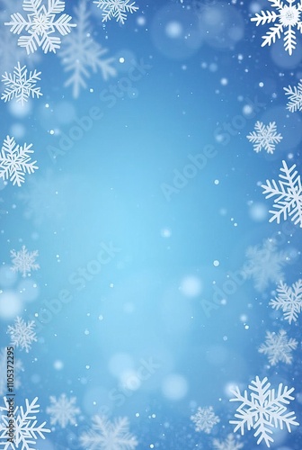 Vertical greeting card, poster for festive Christmas, winter season, new year holiday. Snowflakes on the blur bokeh blue background