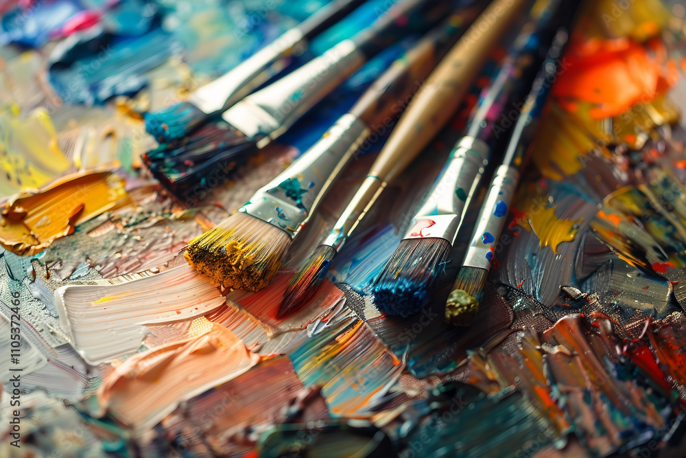 Fototapeta premium Generative AI image of talented artist passionately painting with vibrant colors on a large canvas in an art studio