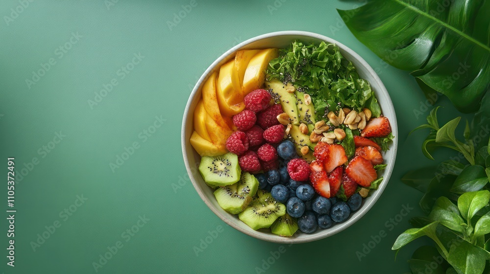 A bowl of balanced and healthy food, set on a serene green backdrop for freshness and energy A bowl of balanced and healthy food, set on a serene green backdrop for freshness and energy