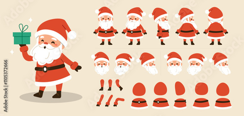 Santa Claus holiday character constructor for animation. Front, side and back view set. Body parts, postures, poses collection. Vector illustration.