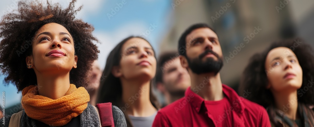 Fototapeta premium Diverse group gazing upwards, expressing hope and curiosity against a bright sky.