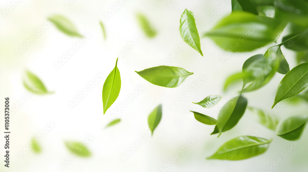 Fresh flying green tea leaves isolated on white background, cut out. Fresh flying green tea leaves isolated on white background, cut out.