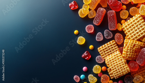 Wallpaper Mural Sweets snacks junk diet food concept. Colorful candies and wafers on a dark background Torontodigital.ca