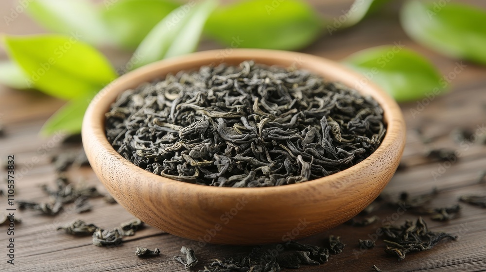 Aromatic Green Tea Leaves and Herbs in a Wooden Bowl.Concept of Natural remedies, herbal medicine,healthy lifestyle,minimalism,zen,Tea industry,organic products,spa and wellness. Aromatic Green Tea Leaves and Herbs in a Wooden Bowl.Concept of Natural remedies, herbal medicine,healthy lifestyle,minimalism,zen,Tea industry,organic products,spa and wellness.