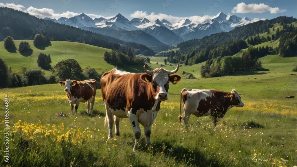 Here's a possible and keyword list for your stock photo.. Three cows graze in a lush alpine meadow, majestic mountains in the background. Here's a possible and keyword list for your stock photo.. Three cows graze in a lush alpine meadow, majestic mountains in the background.