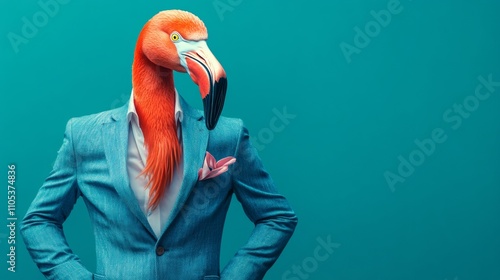 A flamingo-headed figure in a stylish teal suit with pink details, posed confidently against a solid turquoise background. Bold and surreal conceptual art. photo