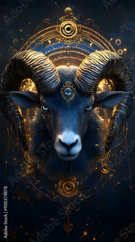 A mystical ram's head adorned with golden elements.