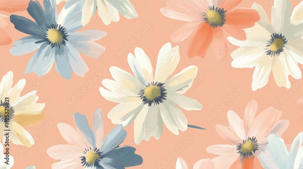 A modern floral design featuring abstract daisies in muted colors, on a soft coral background. A modern floral design featuring abstract daisies in muted colors, on a soft coral background.
