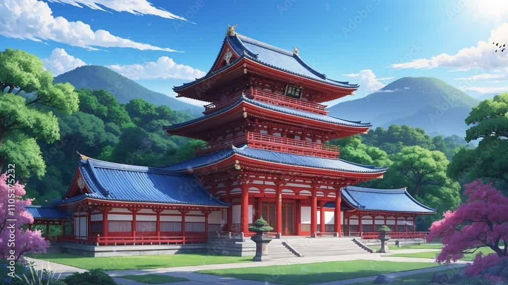 A vibrant traditional building surrounded by lush greenery and mountains under a clear sky. A vibrant traditional building surrounded by lush greenery and mountains under a clear sky.