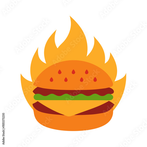 mouthwatering cartoon illustration of flaming cheeseburger, hot spicy hunger