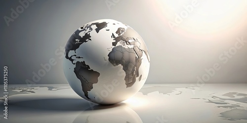 Fototapeta Naklejka Na Ścianę i Meble -  A metallic globe rests on a reflective surface, showcasing a textured world map in grayscale tones.