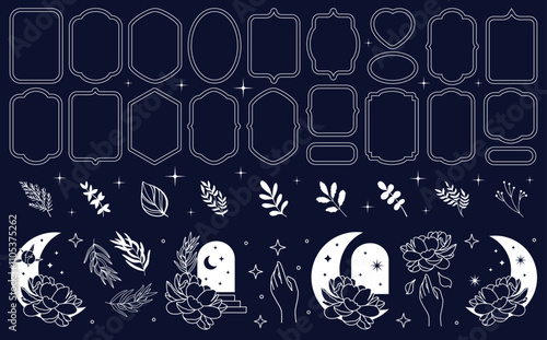 Magic celestial arch frames and borders, simple shapes, vector. Flowers, boho stars, moon, branch, sparks. Oval, circle and arc shape frames with borders. Astrology, esoteric, floral, flower outline