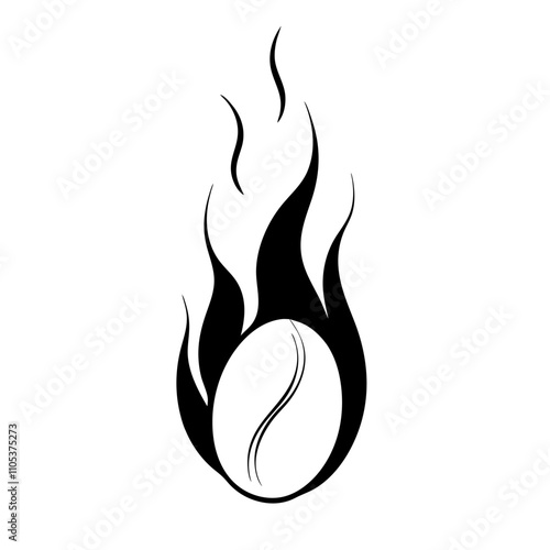 coffee bean ablaze in flames, on fire heat roasted energy hot passionate, black line drawing