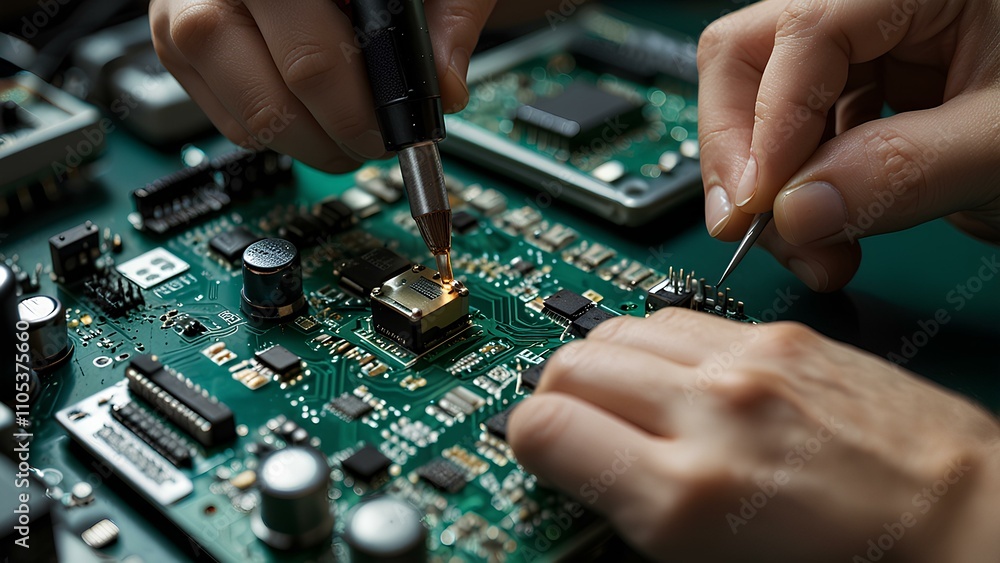 Close-Up of Hands Building a Circuit Board Casual Tech Wear and Soldering Action Close-Up of Hands Building a Circuit Board Casual Tech Wear and Soldering Action