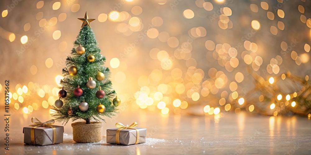 A miniature fir tree adorned with festive ornaments sits beside wrapped presents, all aglow with a warm, enchanting bokeh effect. A miniature fir tree adorned with festive ornaments sits beside wrapped presents, all aglow with a warm, enchanting bokeh effect.