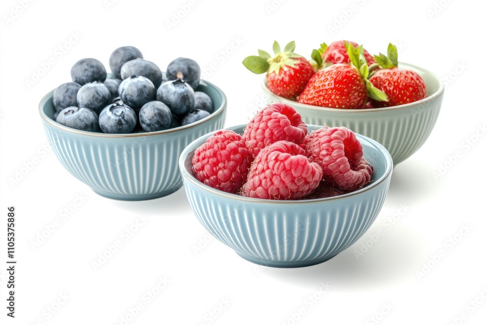 Three Bowls of Fresh Berries Blueberries Strawberries Raspberries Three Bowls of Fresh Berries Blueberries Strawberries Raspberries