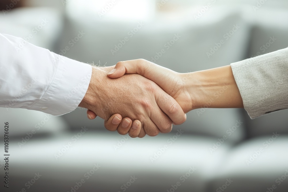 Caucasian adult male and female handshake in business setting. Caucasian adult male and female handshake in business setting.