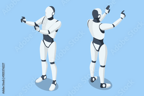 Isometric robot with artificial intelligence operates within a virtual interface in a cybernetic environment, managing global business processes through machine learning. Robot cybernetic organism