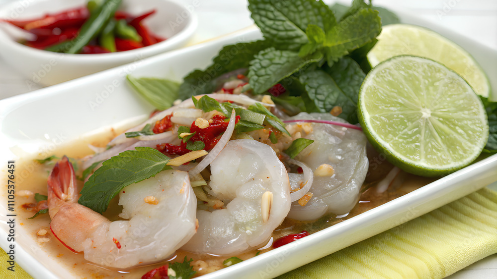 Thai Traditional cuisine featuring fresh, uncooked shrimp paired with a spicy and herb-infused sauce Thai Traditional cuisine featuring fresh, uncooked shrimp paired with a spicy and herb-infused sauce