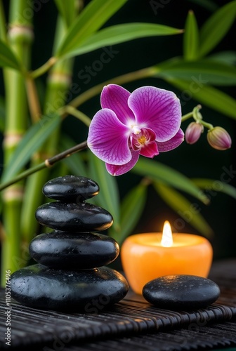 Smooth black basalt stones stacked in a pyramid formation on a dark bamboo mat. Next to the stones, position a vibrant orchid flower.