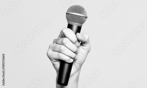 A strong hand firmly holds a microphone, symbolizing power, communication, and confidence in public speaking scenarios.