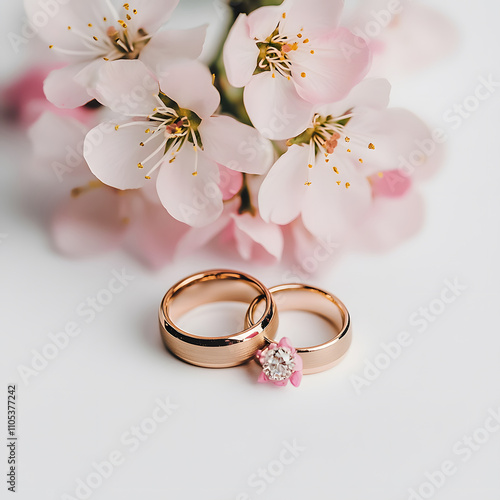 Wedding rings and cherry blossoms outdoor venue romantic photography spring season close-up view love and commitment