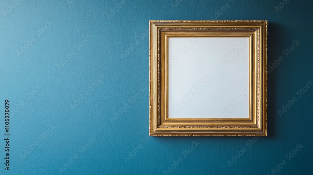 Mockup vertical white blank space in classic gold wooden square frame hanging isolated on luxury blue background behind display stanchions. Empty single vintage golden rectangular frame in museum. Mockup vertical white blank space in classic gold wooden square frame hanging isolated on luxury blue background behind display stanchions. Empty single vintage golden rectangular frame in museum.