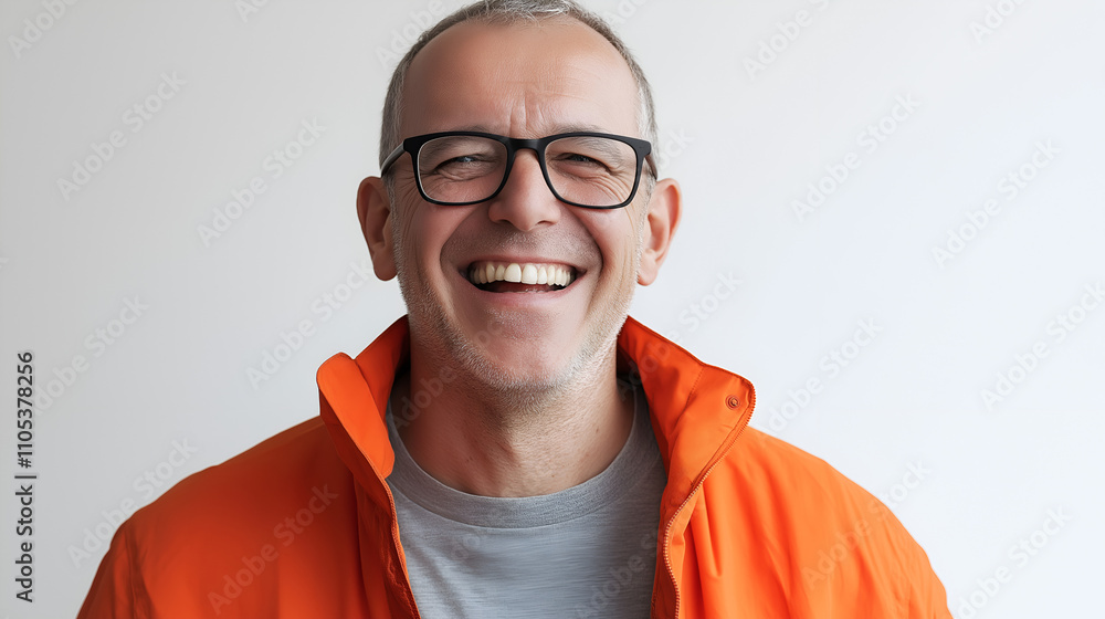 Portrait of a happy middle-aged man with glasses, laughing and wearing a casual orange jacket and grey t-shirt, standing against a white background. 8K resolution, real photo, photography Portrait of a happy middle-aged man with glasses, laughing and wearing a casual orange jacket and grey t-shirt, standing against a white background. 8K resolution, real photo, photography
