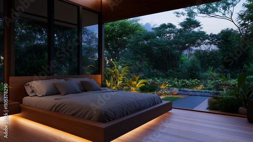 Serene Bedroom with Breathtaking Garden View at Dusk