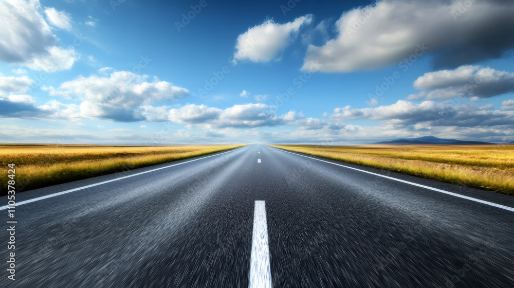 Naklejka premium Asphalt road running through fields with dry grass under blue sky with white clouds