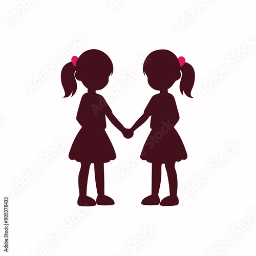 a vector silhouette of two young girls holding hands