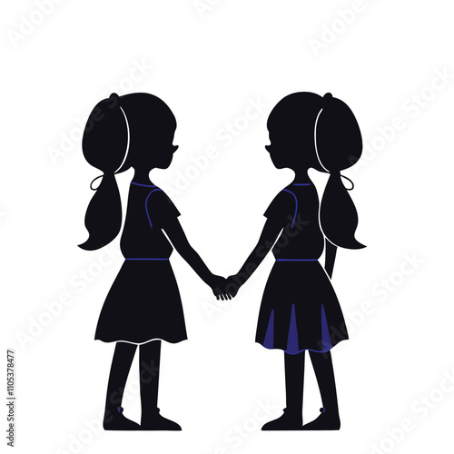 a vector silhouette of two young girls holding hands