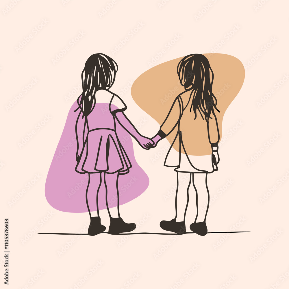 a vector silhouette of two young girls holding hands a vector silhouette of two young girls holding hands