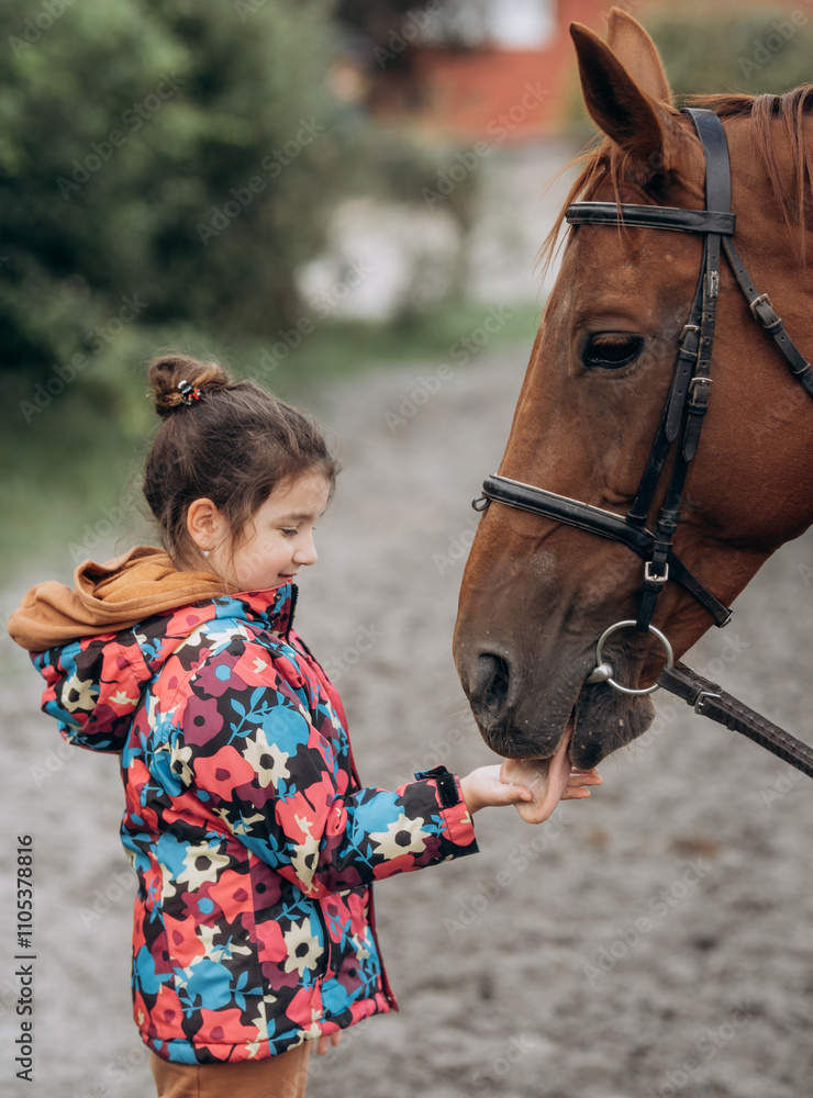 Obraz premium Cute girl feeding her horse outdoors