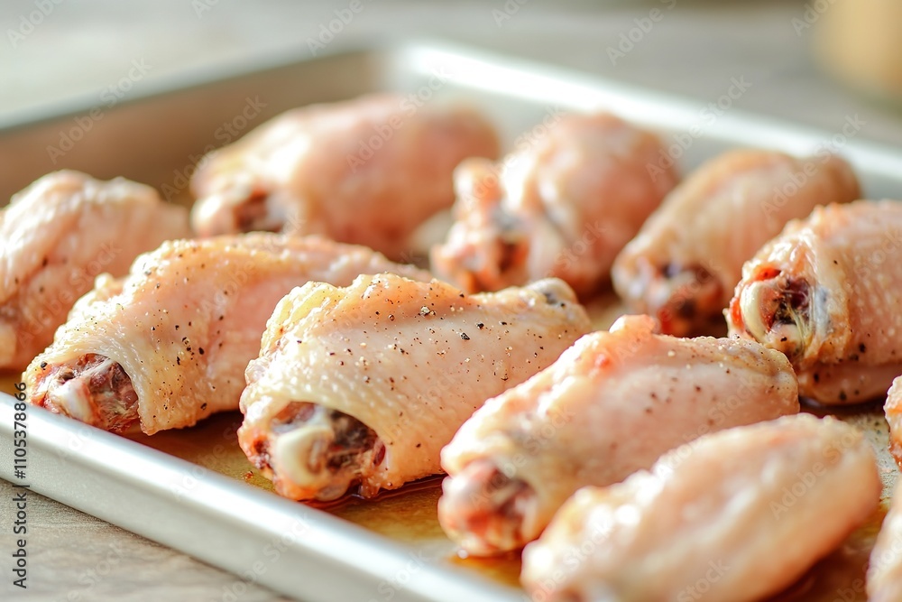 Raw seasoned chicken drumsticks on tray for cooking Raw seasoned chicken drumsticks on tray for cooking