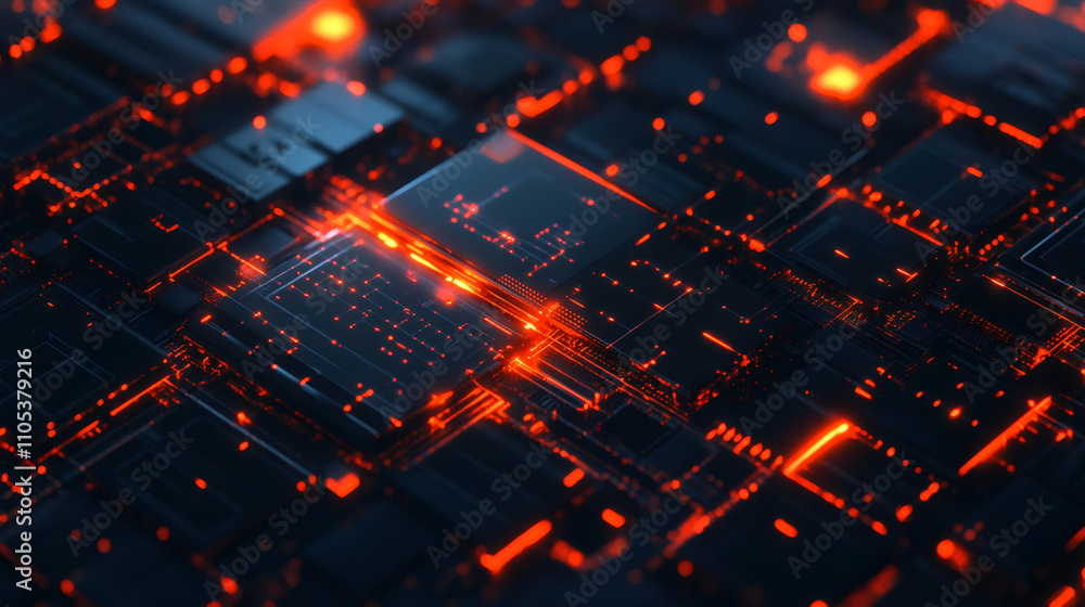Advanced electronic circuit board glowing with red energy, symbolizing technological progress and digital creativity Advanced electronic circuit board glowing with red energy, symbolizing technological progress and digital creativity