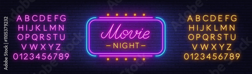 Movie Night Neon Sign on brick wall background. Light text announcement. Pink and yellow neon alphabet.