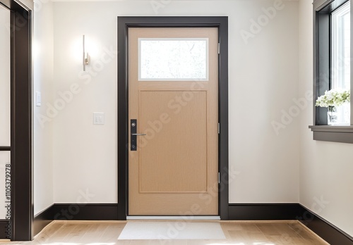 Natural oak door with frosted glass sidelight and black trim in modern entryway. photo