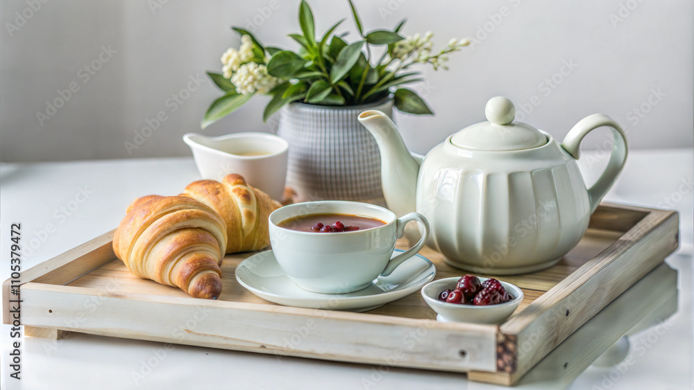 Breakfast tray with tea, croissants, and ceramic teapot Breakfast tray with tea, croissants, and ceramic teapot