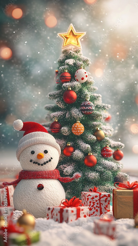 Christmas scene a wool snowman standing next to a felt Christmas tree, felt art style with bright holiday colors, christmas card for greeting Christmas scene a wool snowman standing next to a felt Christmas tree, felt art style with bright holiday colors, christmas card for greeting