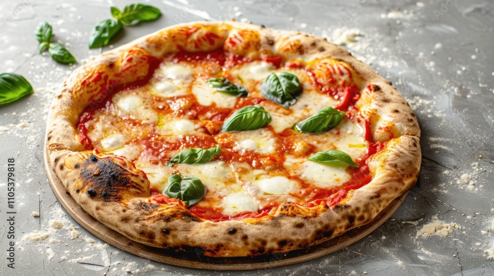 Margherita pizza cooked in wood-fired oven with mozzarella, tomato sauce, cheese and basil on gray background. Margherita pizza cooked in wood-fired oven with mozzarella, tomato sauce, cheese and basil on gray background.