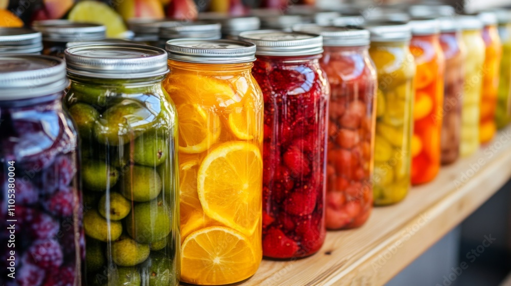 A row of glass jars filled with preserved fruit A row of glass jars filled with preserved fruit