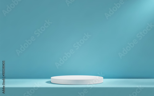 3d white podium in light blue empty room with table. Background studio scene with platform for product presentation