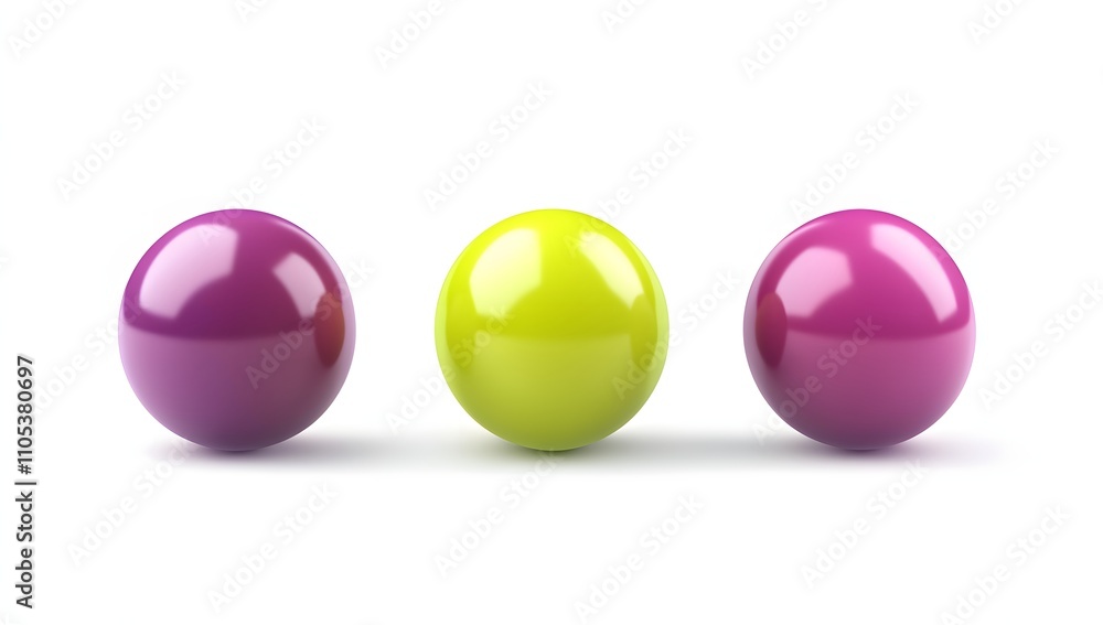 Three glossy spheres in vibrant purple and lime green, arranged in a row against a stark white background. A simple, yet striking image. Three glossy spheres in vibrant purple and lime green, arranged in a row against a stark white background. A simple, yet striking image.