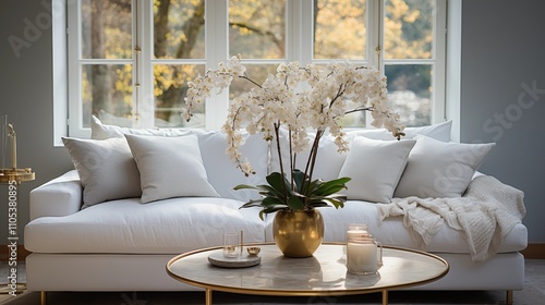 A luxurious white sofa and shimmering golden coffee table form the centerpiece of this refined and modern living room design. photo