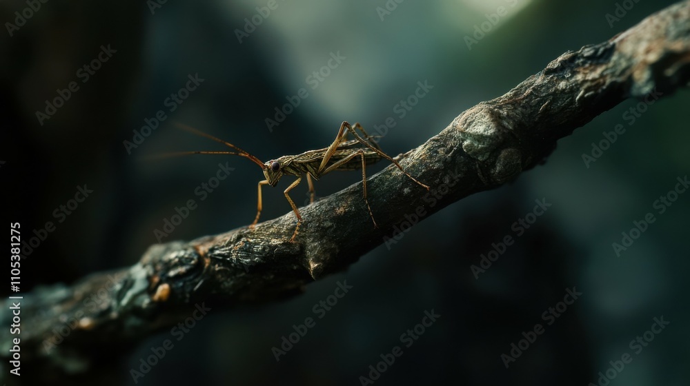 Tiny, camouflaged stick insect on a twig, body blending seamlessly into its surroundings, a testament to nature's evolutionary wonders, shot in natural light. Tiny, camouflaged stick insect on a twig, body blending seamlessly into its surroundings, a testament to nature's evolutionary wonders, shot in natural light.