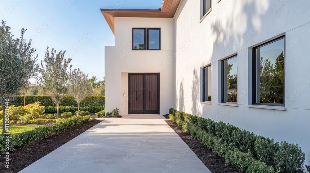 Fototapeta premium Modern house with white stucco walls, charcoal windows, and a wooden mahogany door.